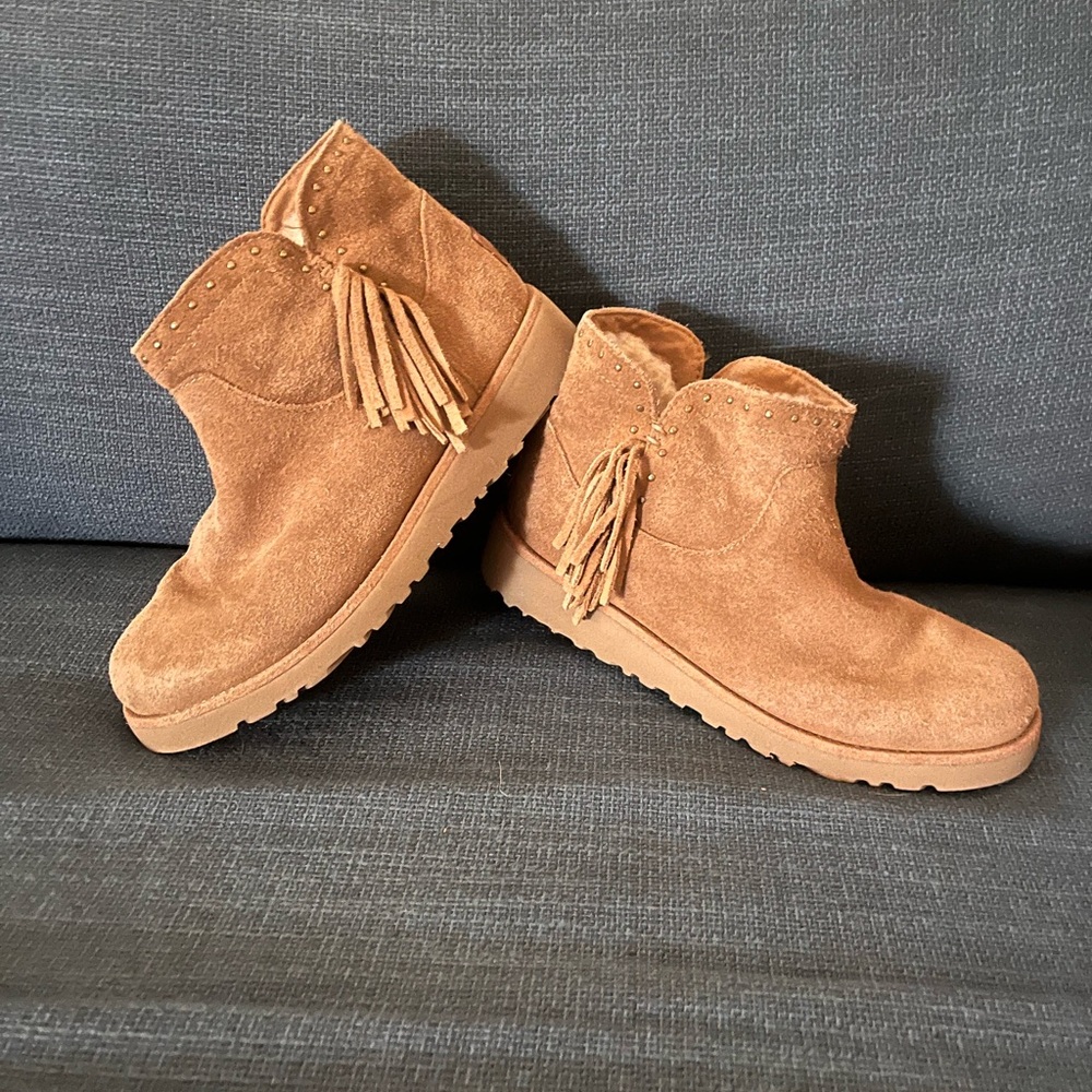 UGG Tan Suede Ankle Booties with Fringe